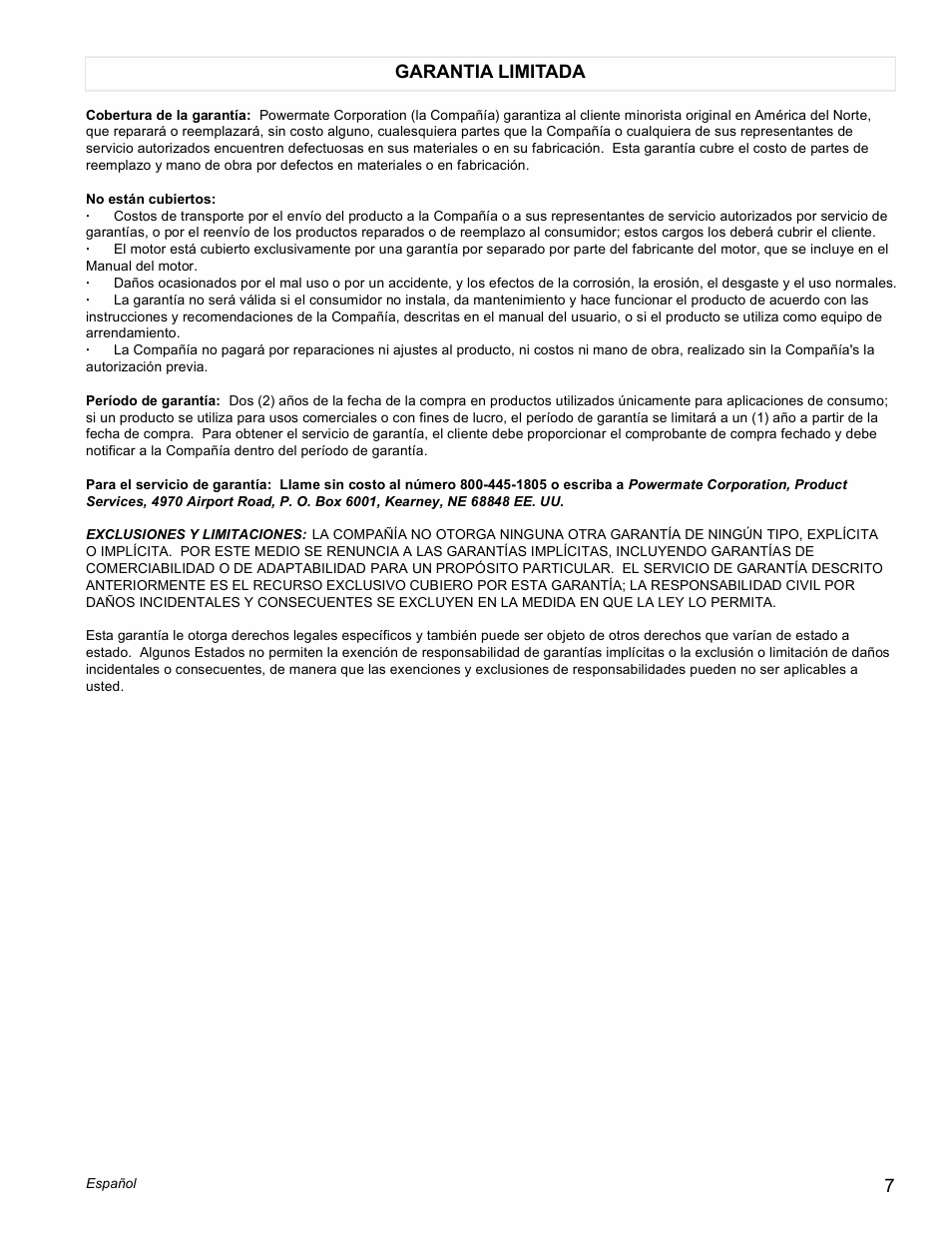 Garantia limitada | Powermate Black Max PM0401858 User Manual | Page 7 / 12