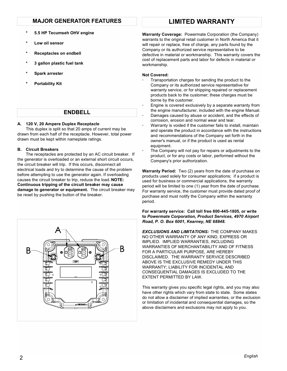 Limited warranty, Endbell major generator features | Powermate PMC523202 User Manual | Page 2 / 12