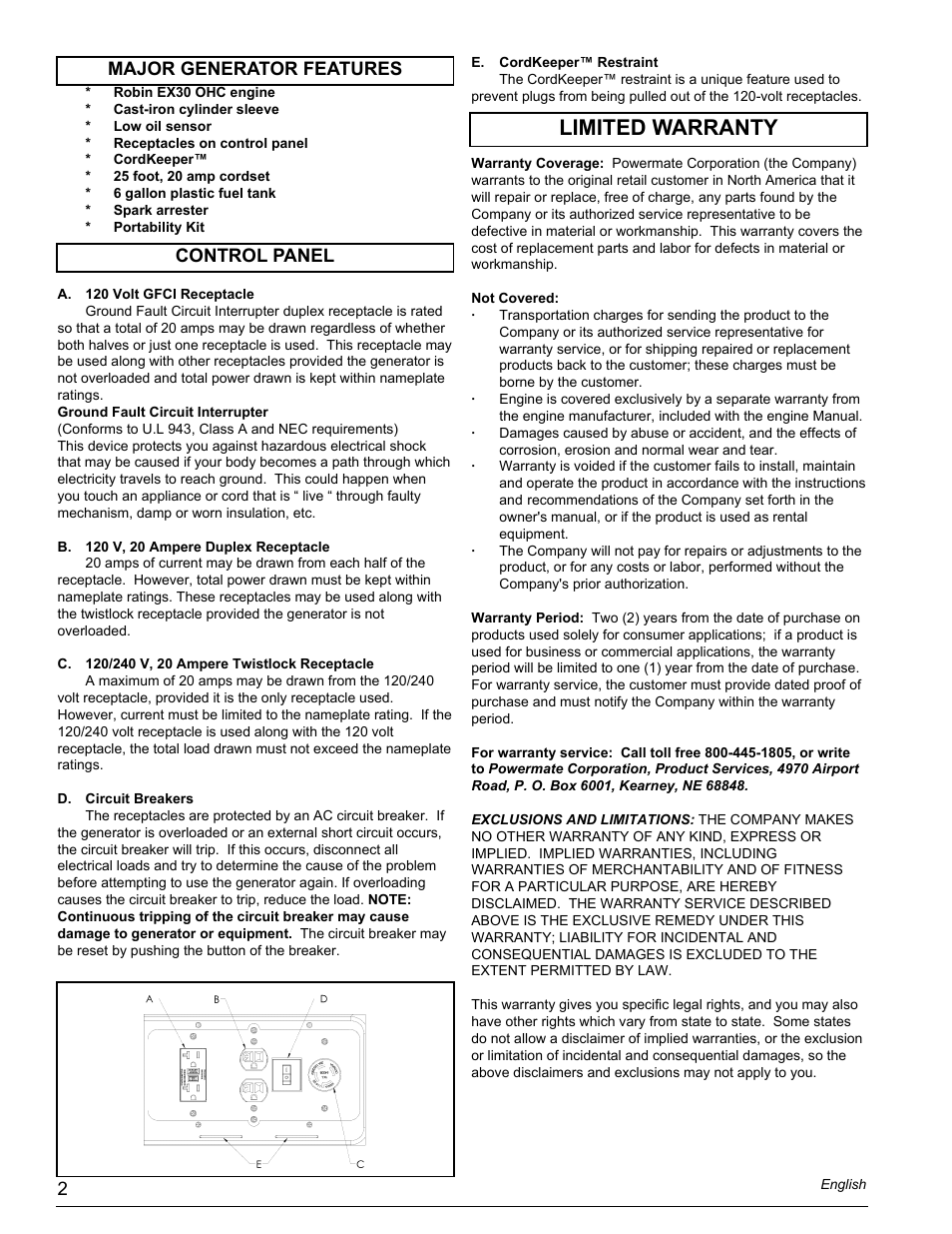 Limited warranty, Control panel major generator features | Powermate PMC435001 User Manual | Page 2 / 16