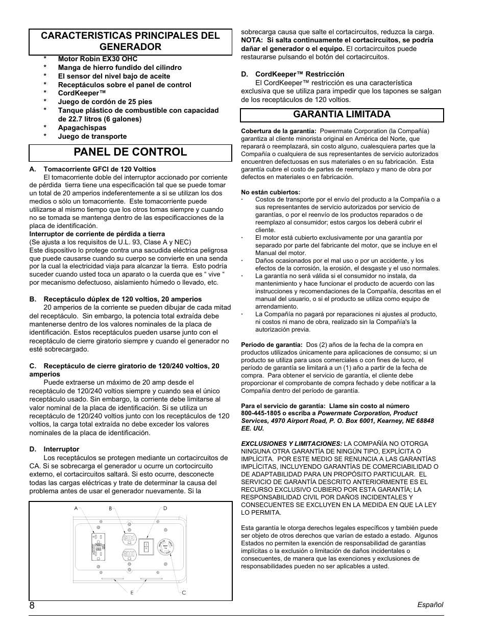 Panel de control | Powermate PMC435001 User Manual | Page 8 / 16