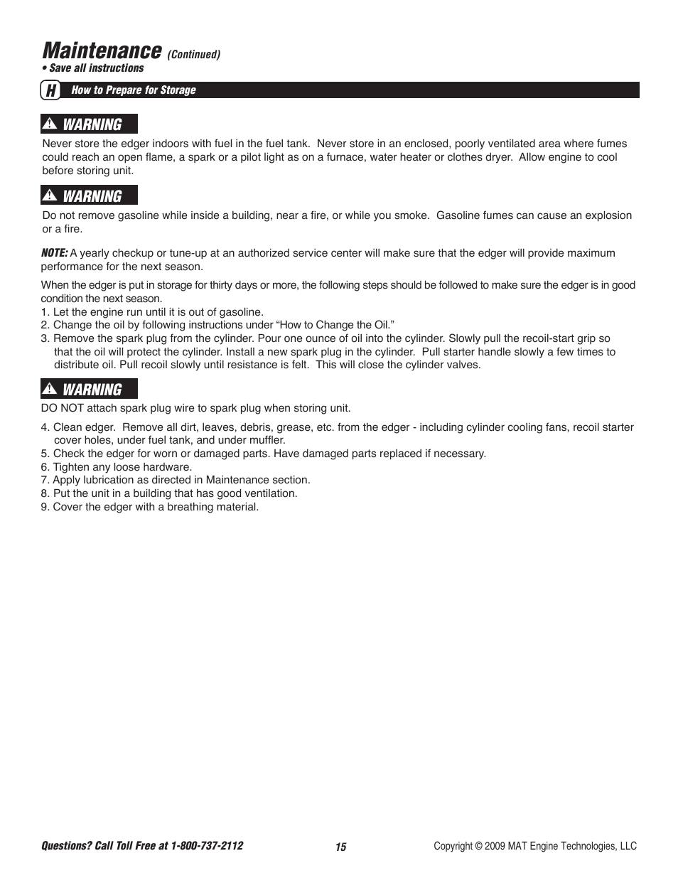 Maintenance, Warning | Powermate P-WLE-0799-F2N User Manual | Page 16 / 43