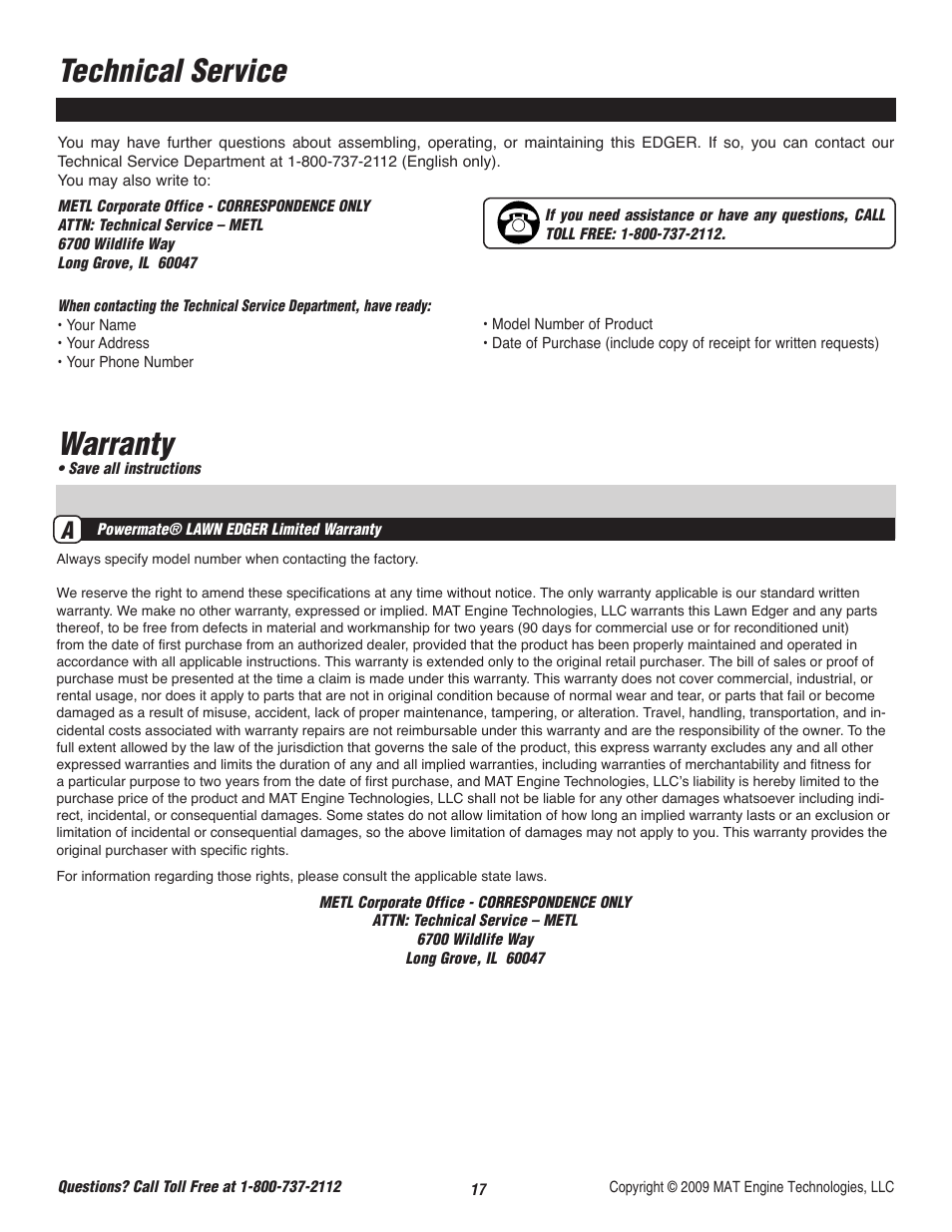 Warranty, Technical service | Powermate P-WLE-0799-F2N User Manual | Page 18 / 43