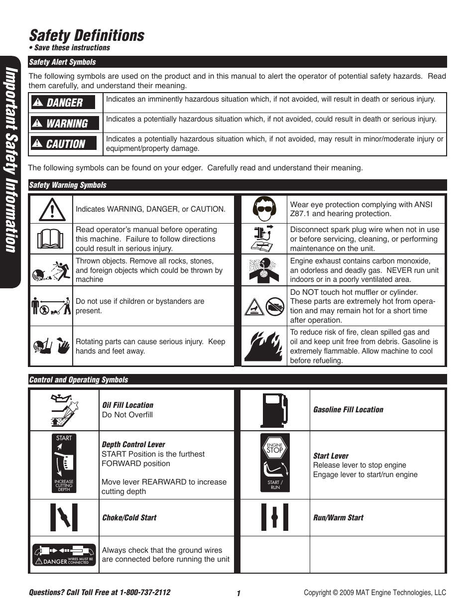 Safety definitions, Important safety information, Danger caution warning | Powermate P-WLE-0799-F2N User Manual | Page 2 / 43