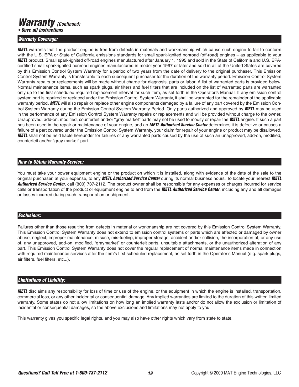 Warranty | Powermate P-WLE-0799-F2N User Manual | Page 20 / 43