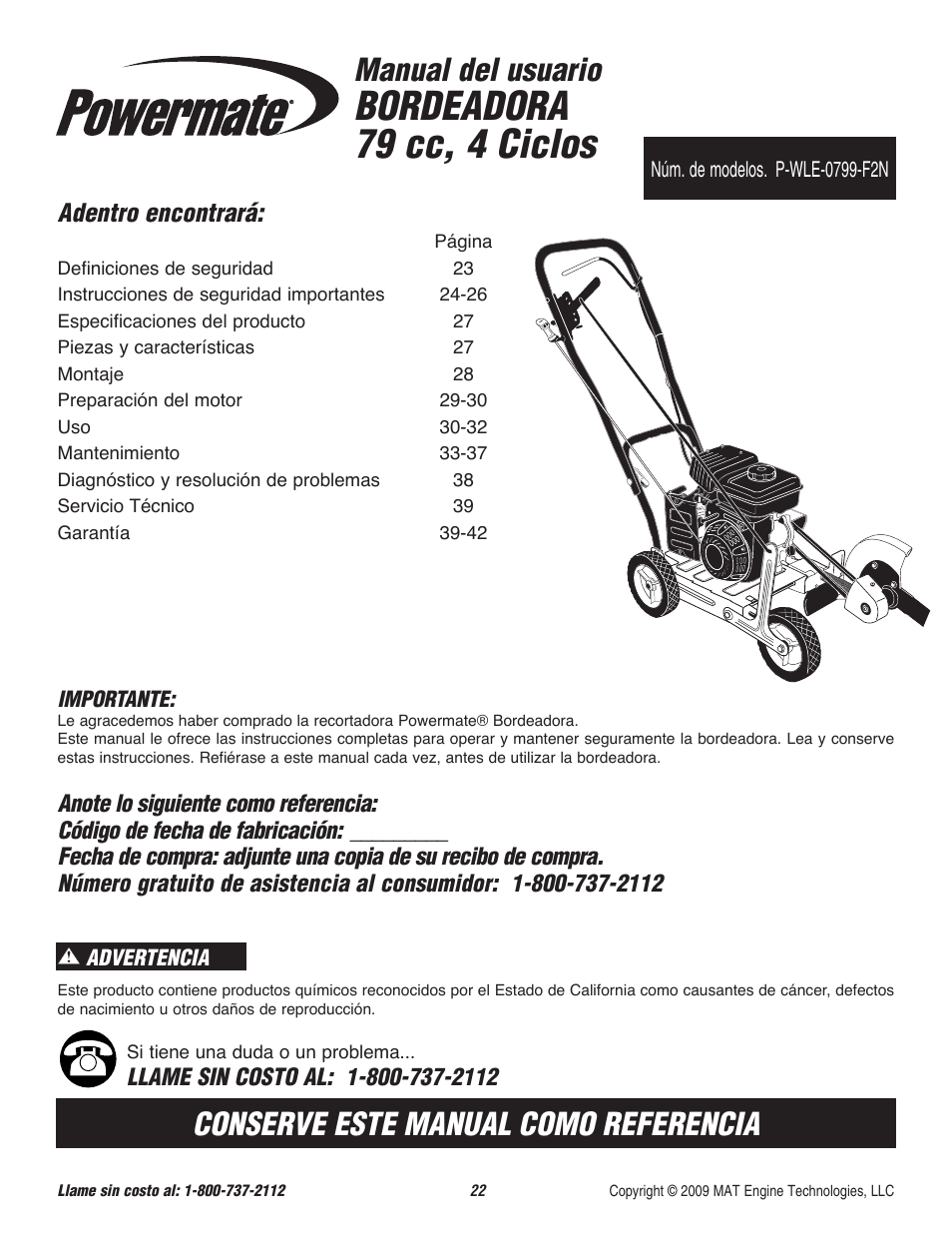 Bordeadora 79 cc, 4 ciclos, Manual del usuario, Conserve este manual como referencia | Adentro encontrará | Powermate P-WLE-0799-F2N User Manual | Page 23 / 43