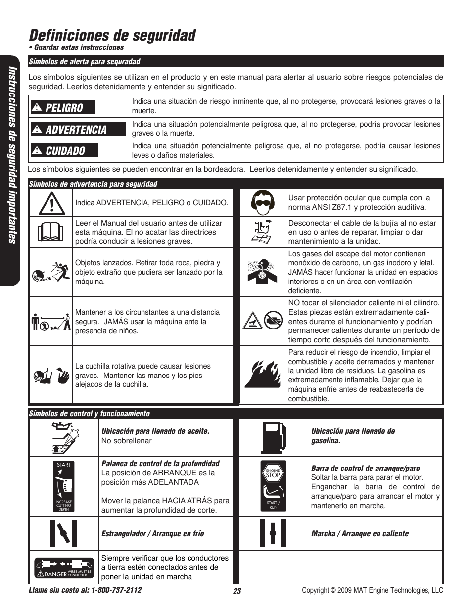Definiciones de seguridad, Advertencia, Instrucciones de seguridad importantes | Peligro cuidado | Powermate P-WLE-0799-F2N User Manual | Page 24 / 43