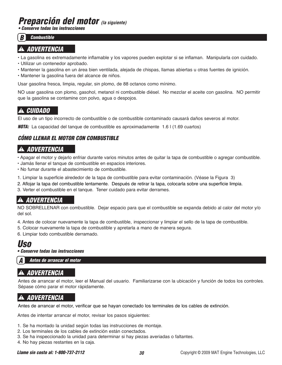 Preparción del motor, Advertencia, Advertencia cuidado advertencia | Powermate P-WLE-0799-F2N User Manual | Page 31 / 43