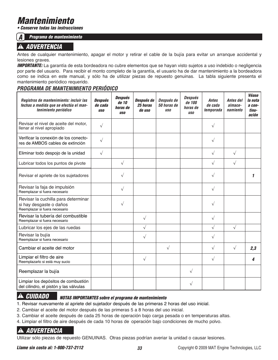 Mantenimiento, Cuidado, Advertencia | Powermate P-WLE-0799-F2N User Manual | Page 34 / 43