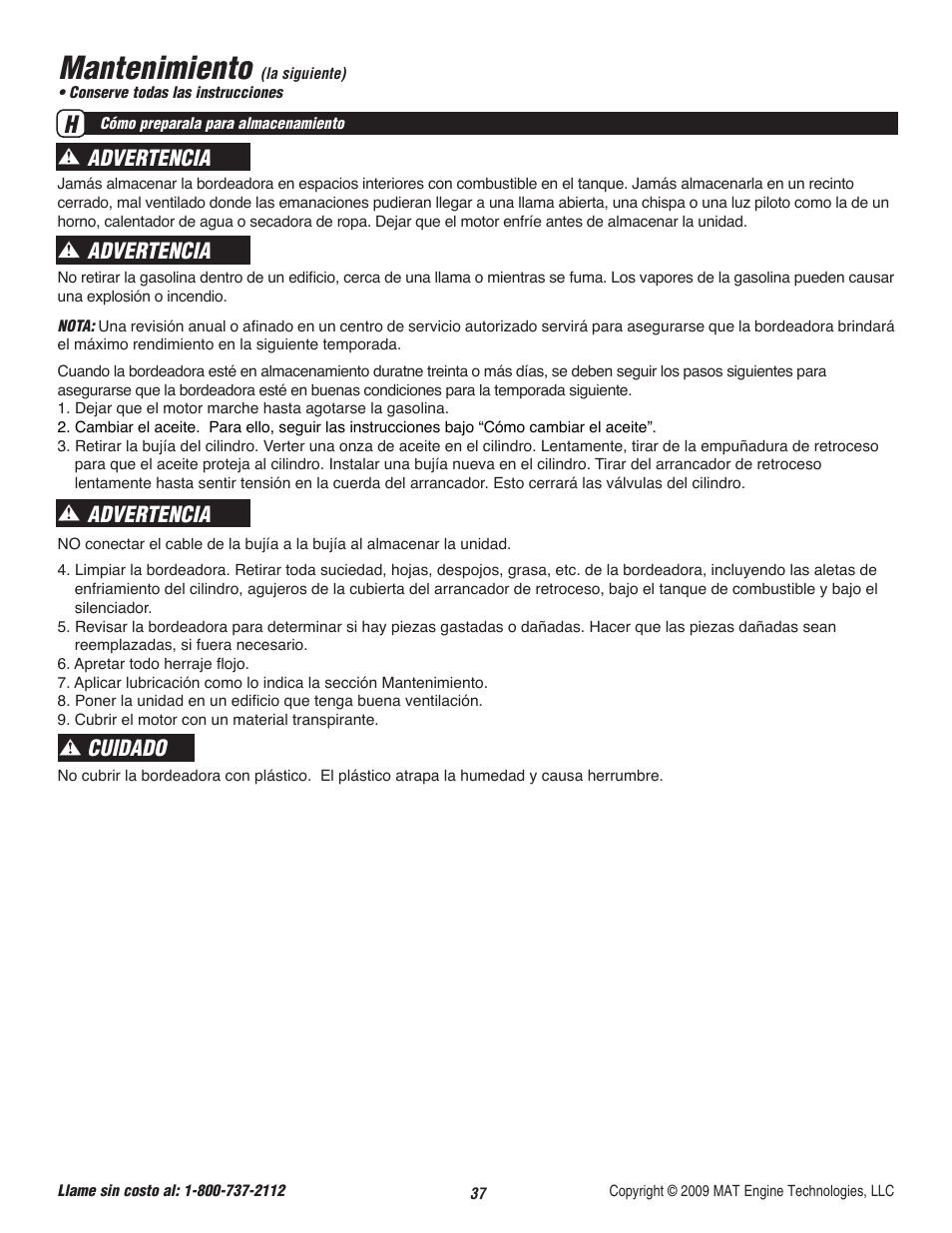 Mantenimiento, Advertencia, Advertencia cuidado | Powermate P-WLE-0799-F2N User Manual | Page 38 / 43
