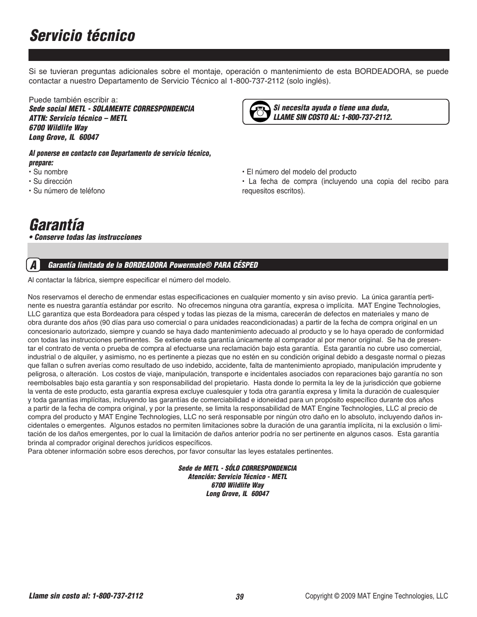 Garantía, Servicio técnico | Powermate P-WLE-0799-F2N User Manual | Page 40 / 43