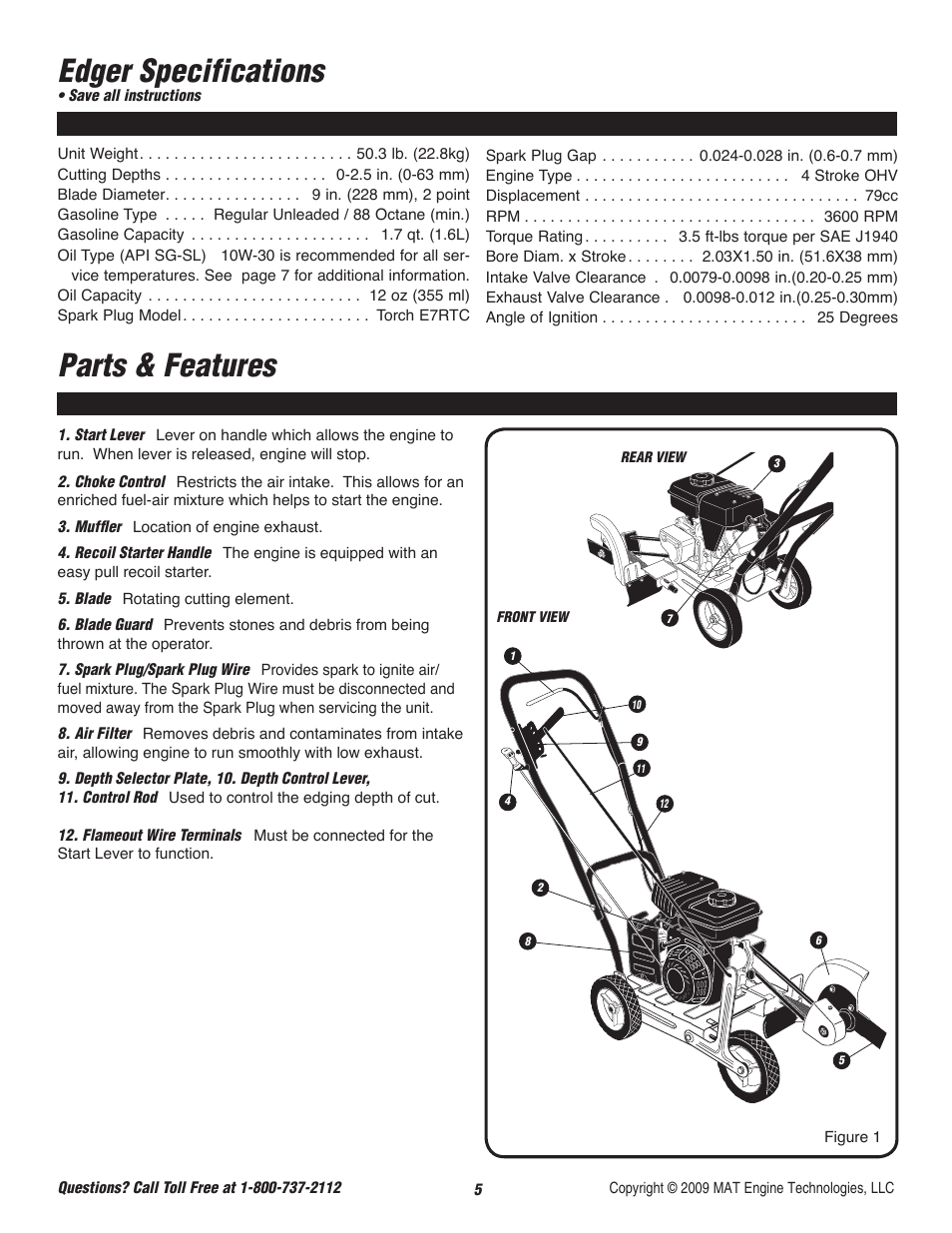 Edger specifications, Parts & features | Powermate P-WLE-0799-F2N User Manual | Page 6 / 43