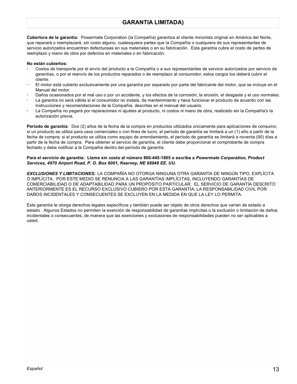 Garantia limitada) | Powermate PM0601250 User Manual | Page 13 / 20