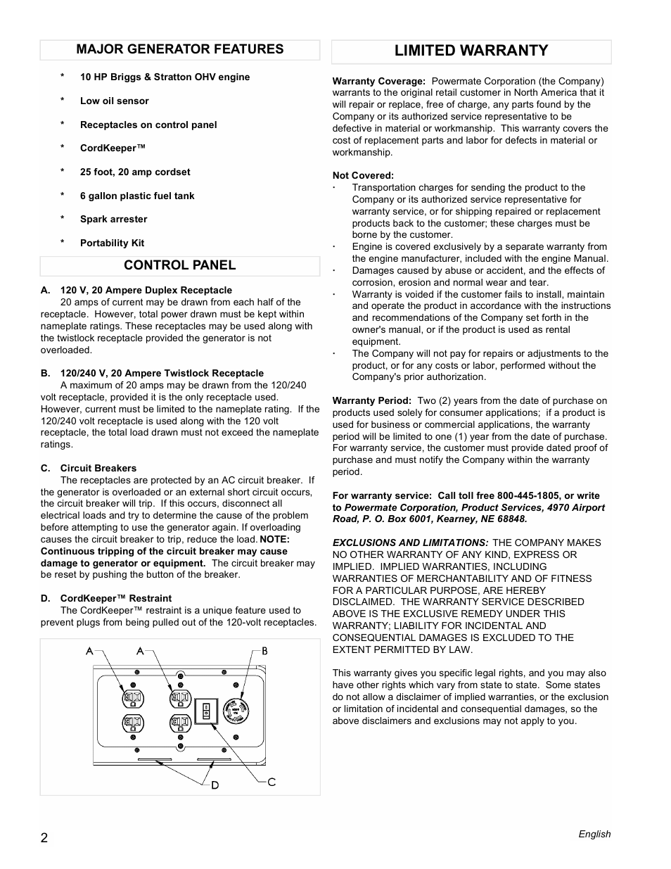 Limited warranty, Control panel major generator features | Powermate PL0545008 User Manual | Page 2 / 12