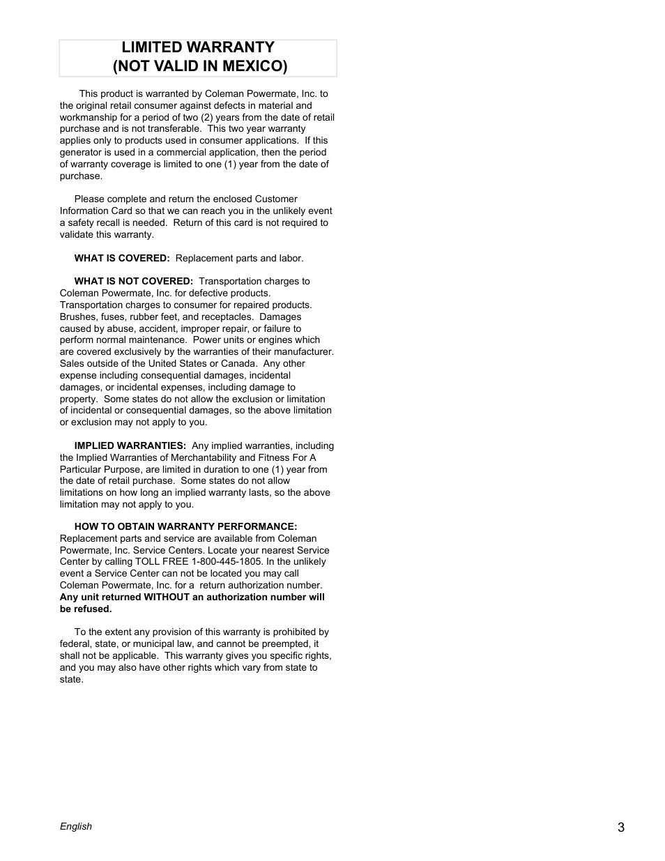 Limited warranty (not valid in mexico) | Powermate PM0545007.01 User Manual | Page 3 / 12