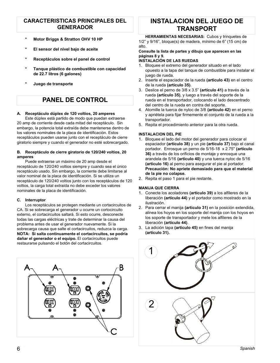 Panel de control, Instalacion del juego de transport | Powermate PM0545007.01 User Manual | Page 6 / 12