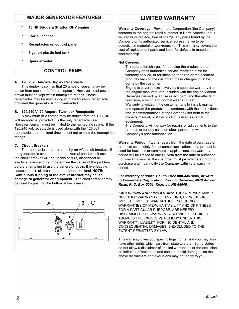 Limited warranty, Control panel major generator features | Powermate PMC545004 User Manual | Page 2 / 12