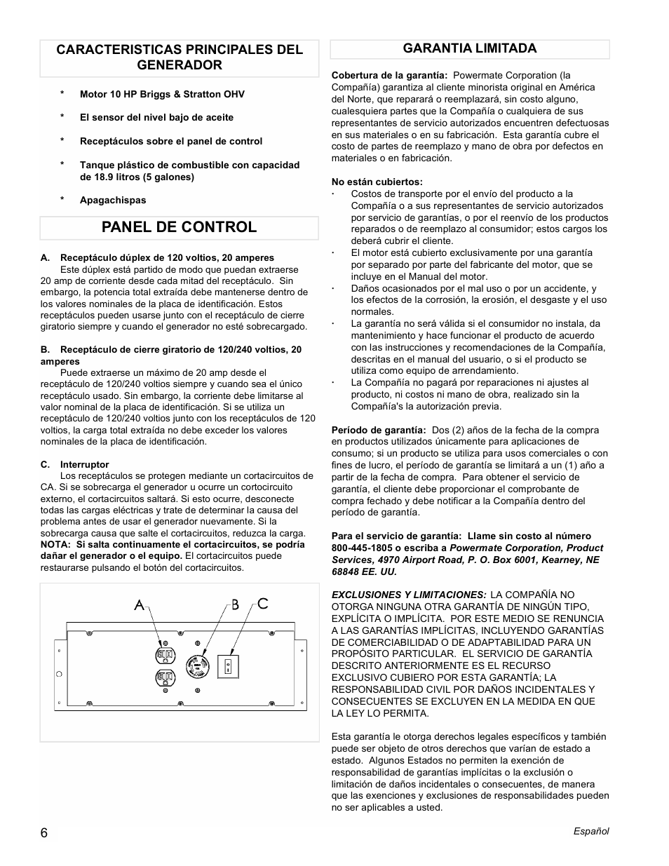 Panel de control | Powermate PMC545004 User Manual | Page 6 / 12