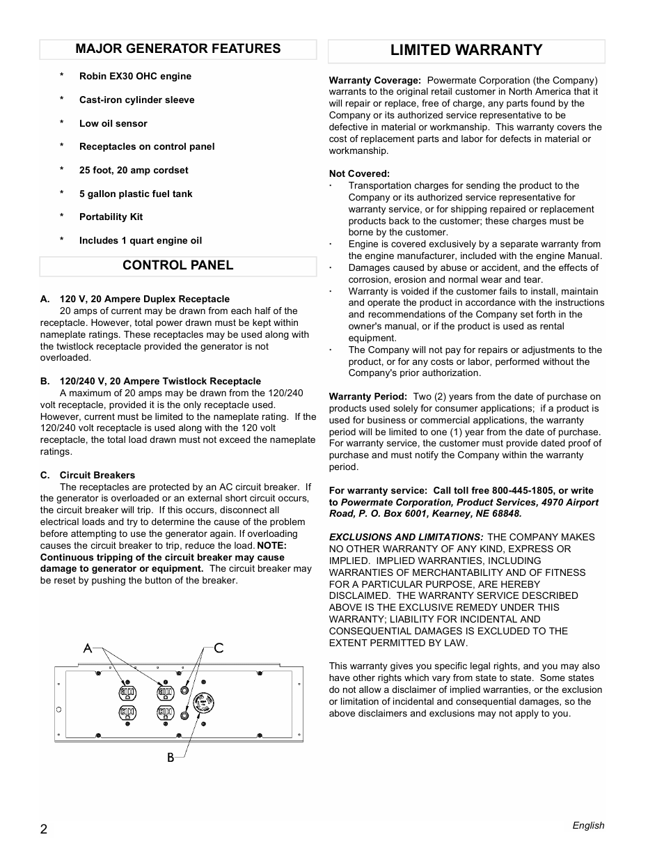 Limited warranty, Control panel major generator features | Powermate PM0435000 User Manual | Page 2 / 12