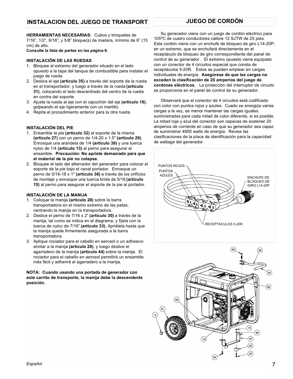 Instalacion del juego de transport juego de cordón | Powermate PM0435000 User Manual | Page 7 / 12