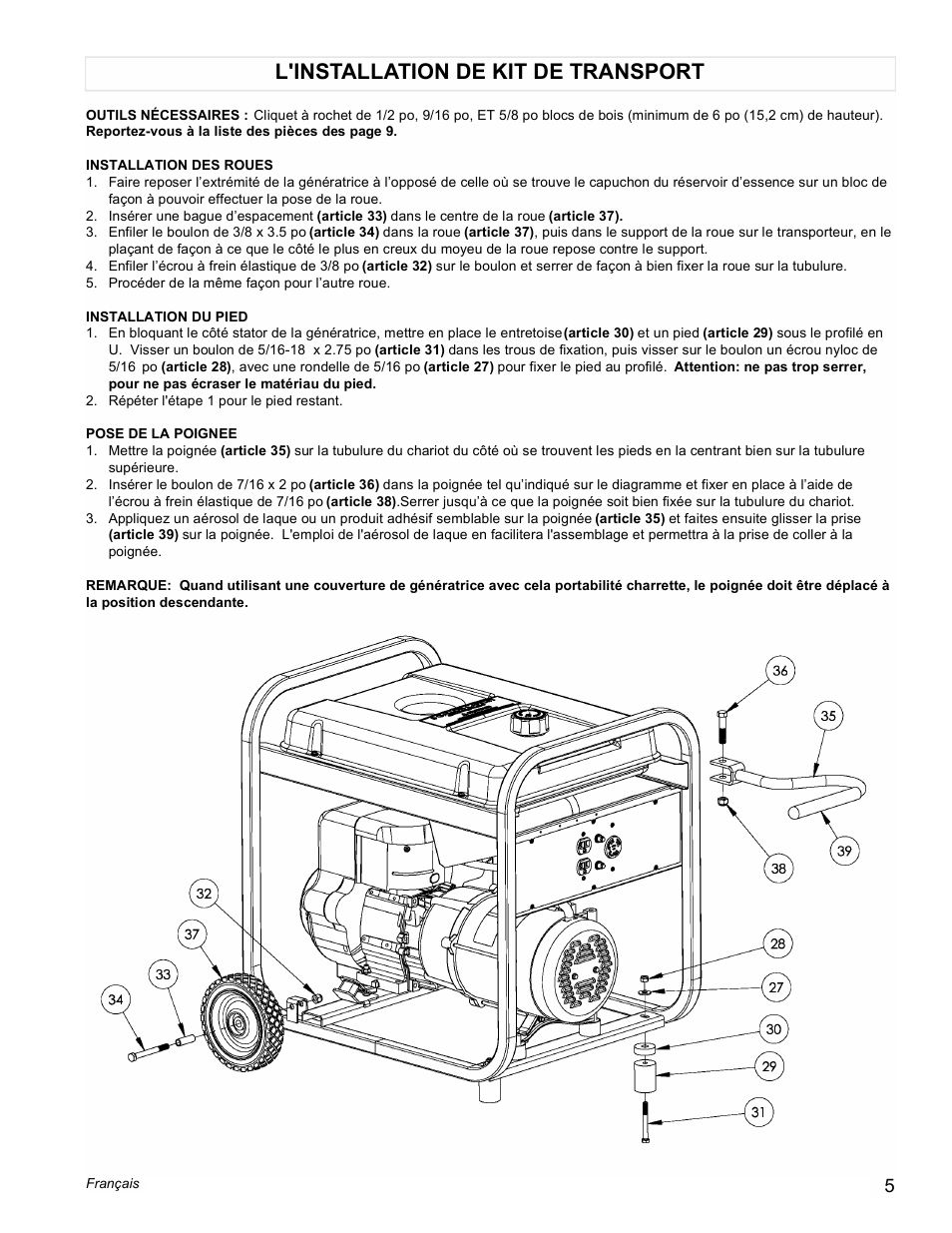L'installation de kit de transport | Powermate PM0525303.02 User Manual | Page 5 / 12