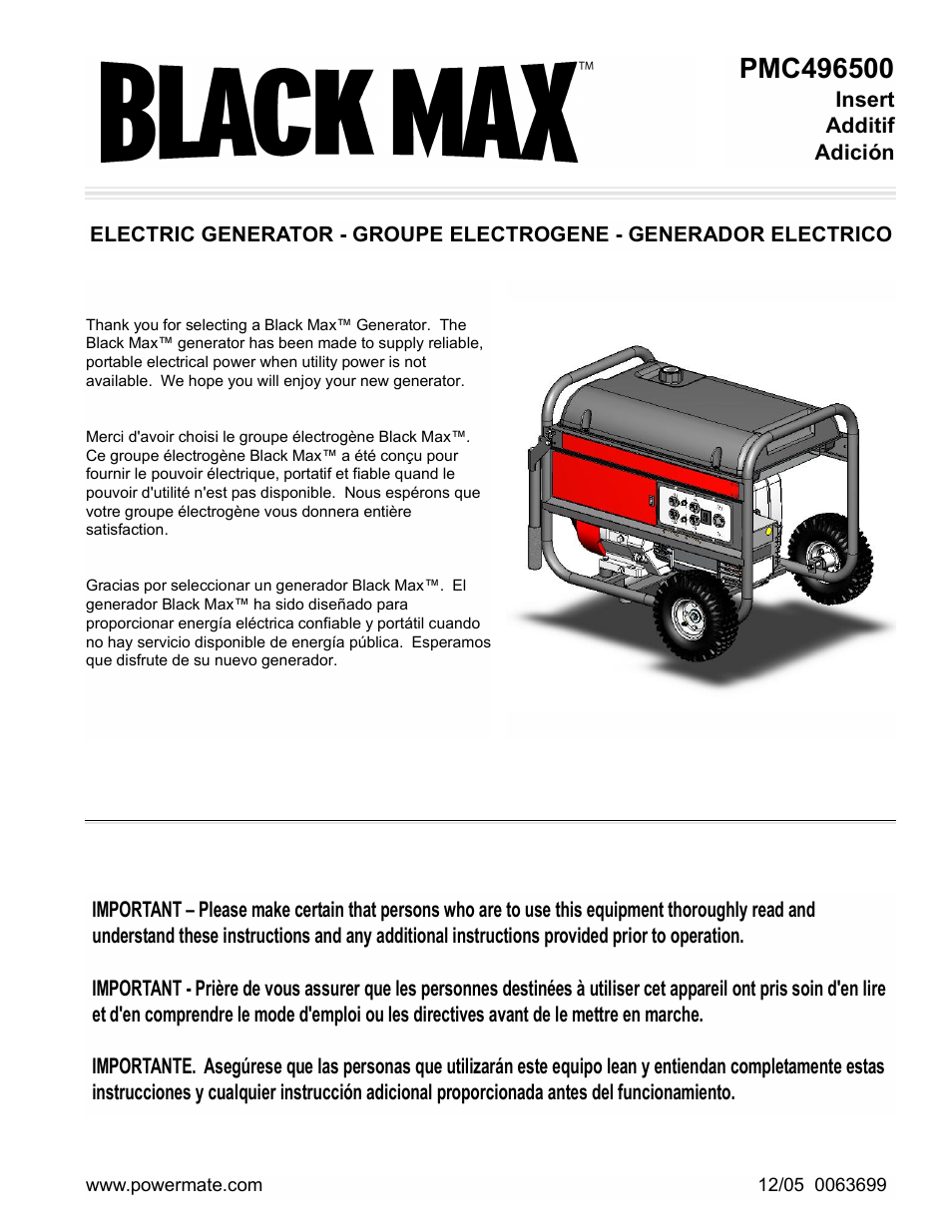 Powermate Black Max PMC496500 User Manual | 16 pages