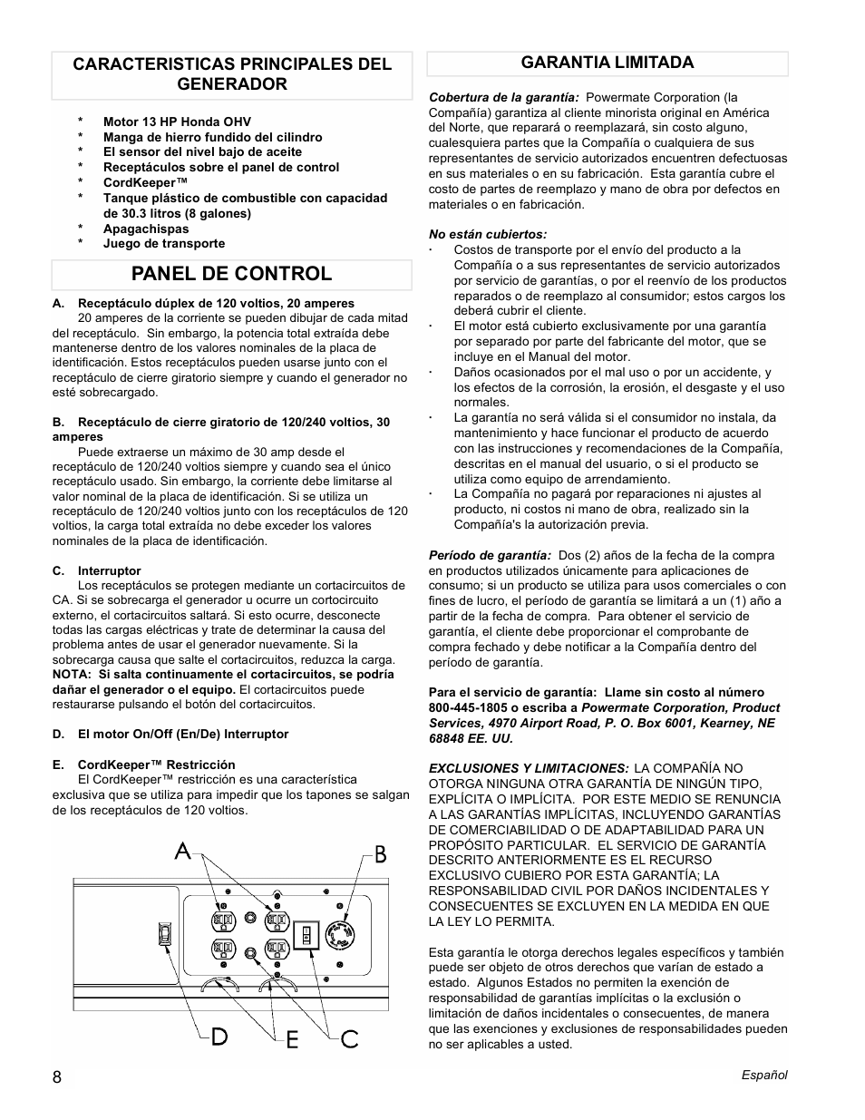 Panel de control | Powermate Black Max PMC496500 User Manual | Page 8 / 16