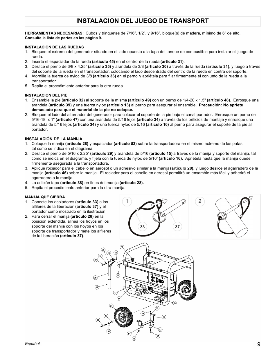 Instalacion del juego de transport | Powermate Black Max PMC496500 User Manual | Page 9 / 16