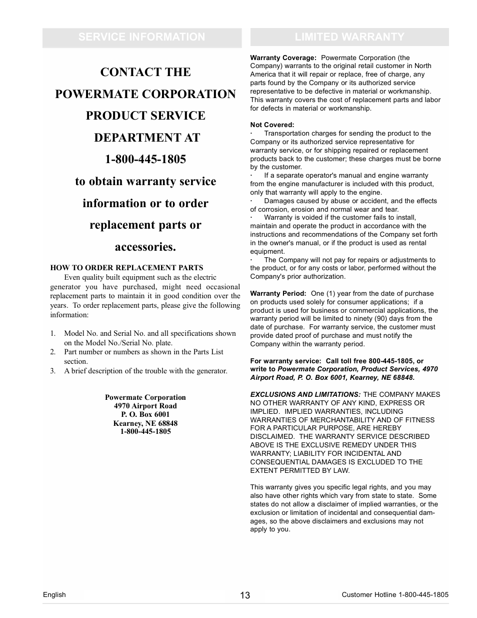 Limited warranty service information | Powermate PM0105000 User Manual | Page 13 / 40