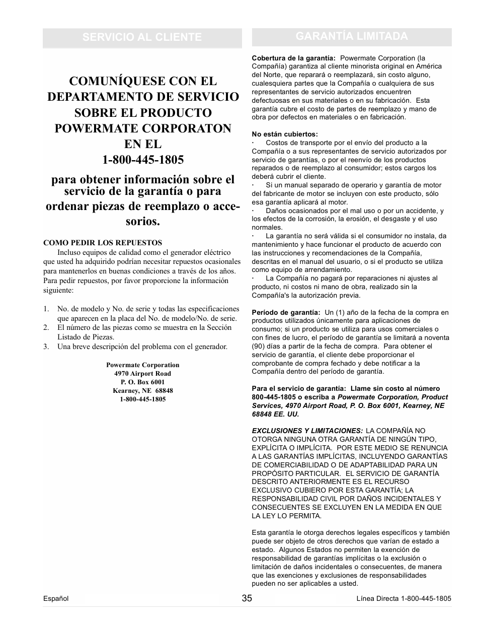 Garantía limitada servicio al cliente | Powermate PM0105000 User Manual | Page 35 / 40