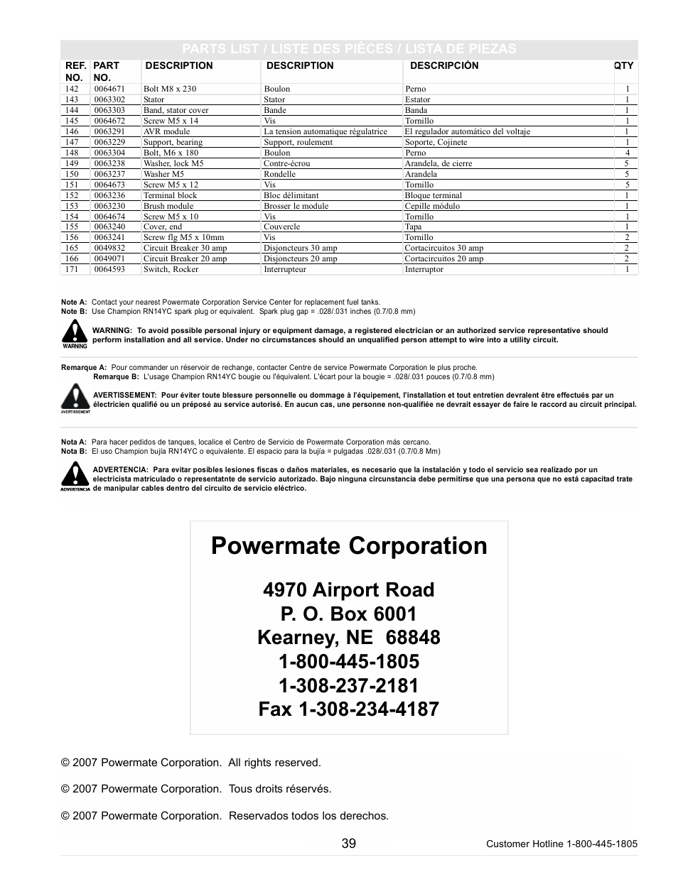 Powermate corporation, Parts list / liste des pièces / lista de piezas | Powermate PM0105000 User Manual | Page 39 / 40