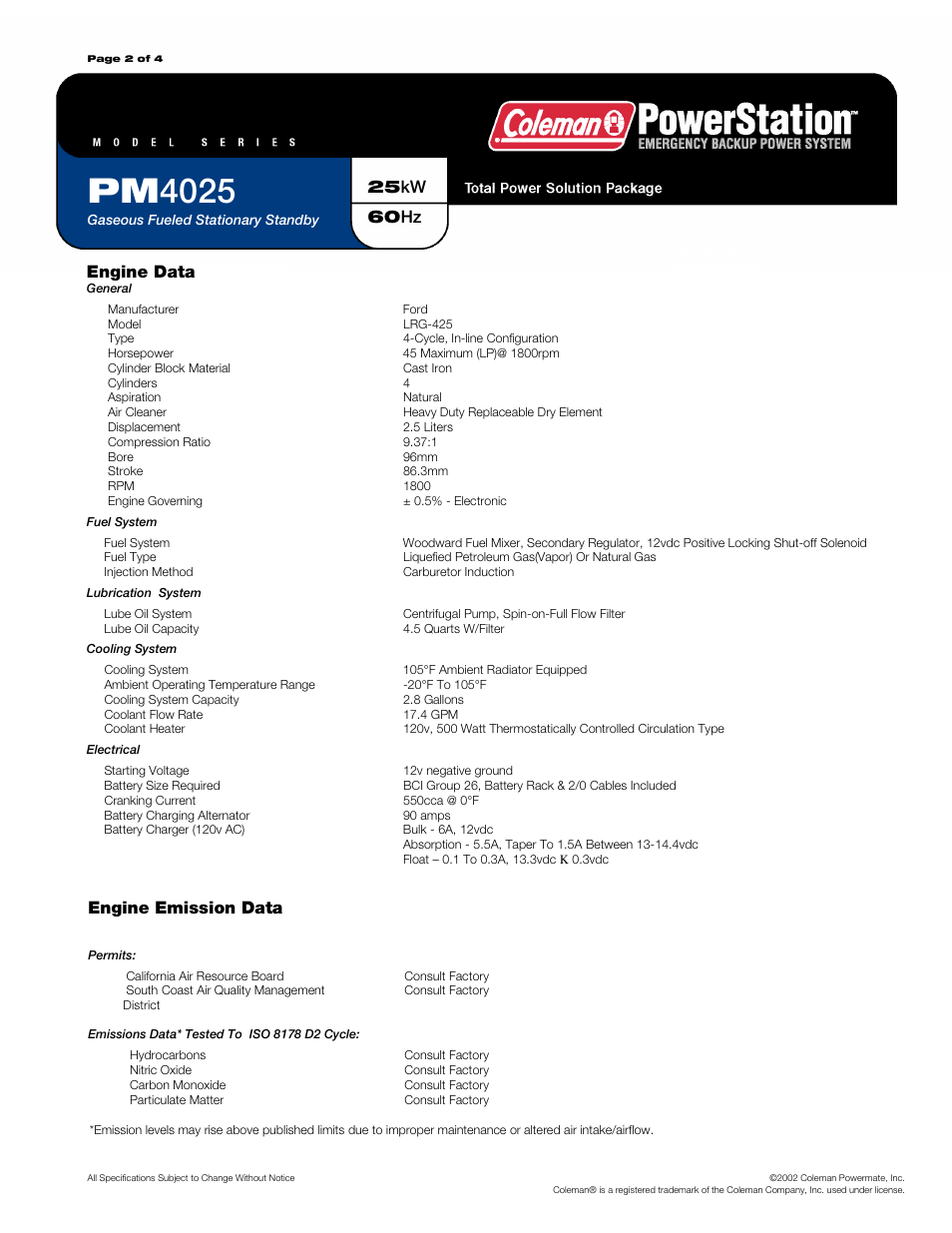 Pm4025, 25kw 60hz, Engine data engine emission data | Powermate PM4025 User Manual | Page 2 / 4