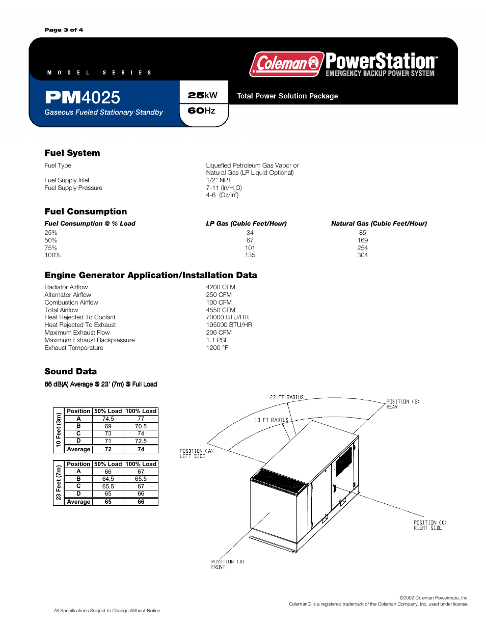 Pm4025, 25kw 60hz, Fuel system | Fuel consumption, Engine generator application/installation data, Sound data | Powermate PM4025 User Manual | Page 3 / 4
