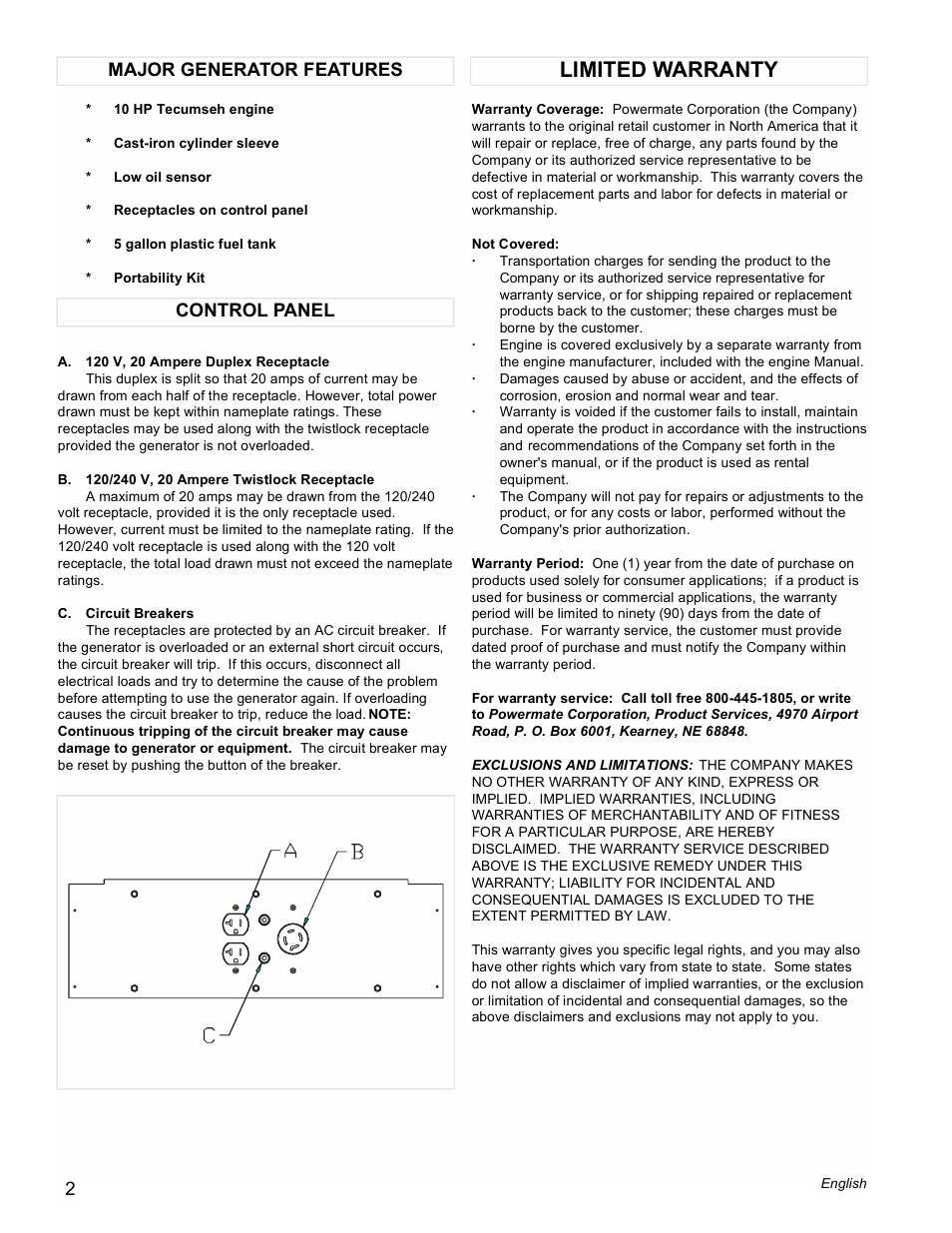 Limited warranty, Control panel major generator features | Powermate PM0525303.01 User Manual | Page 2 / 12