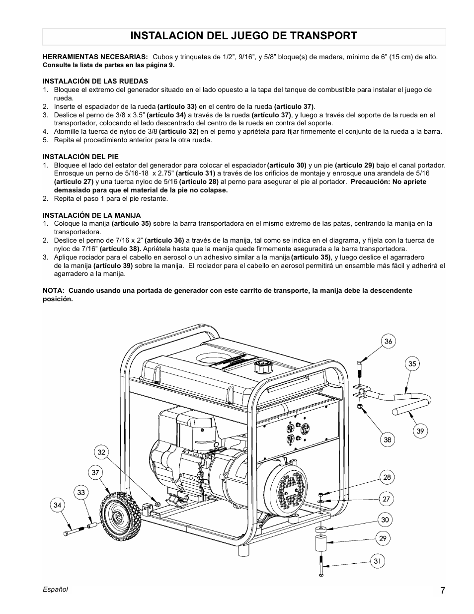 Instalacion del juego de transport | Powermate PM0525303.01 User Manual | Page 7 / 12