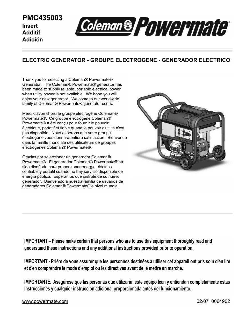 Powermate PMC435003 User Manual | 12 pages
