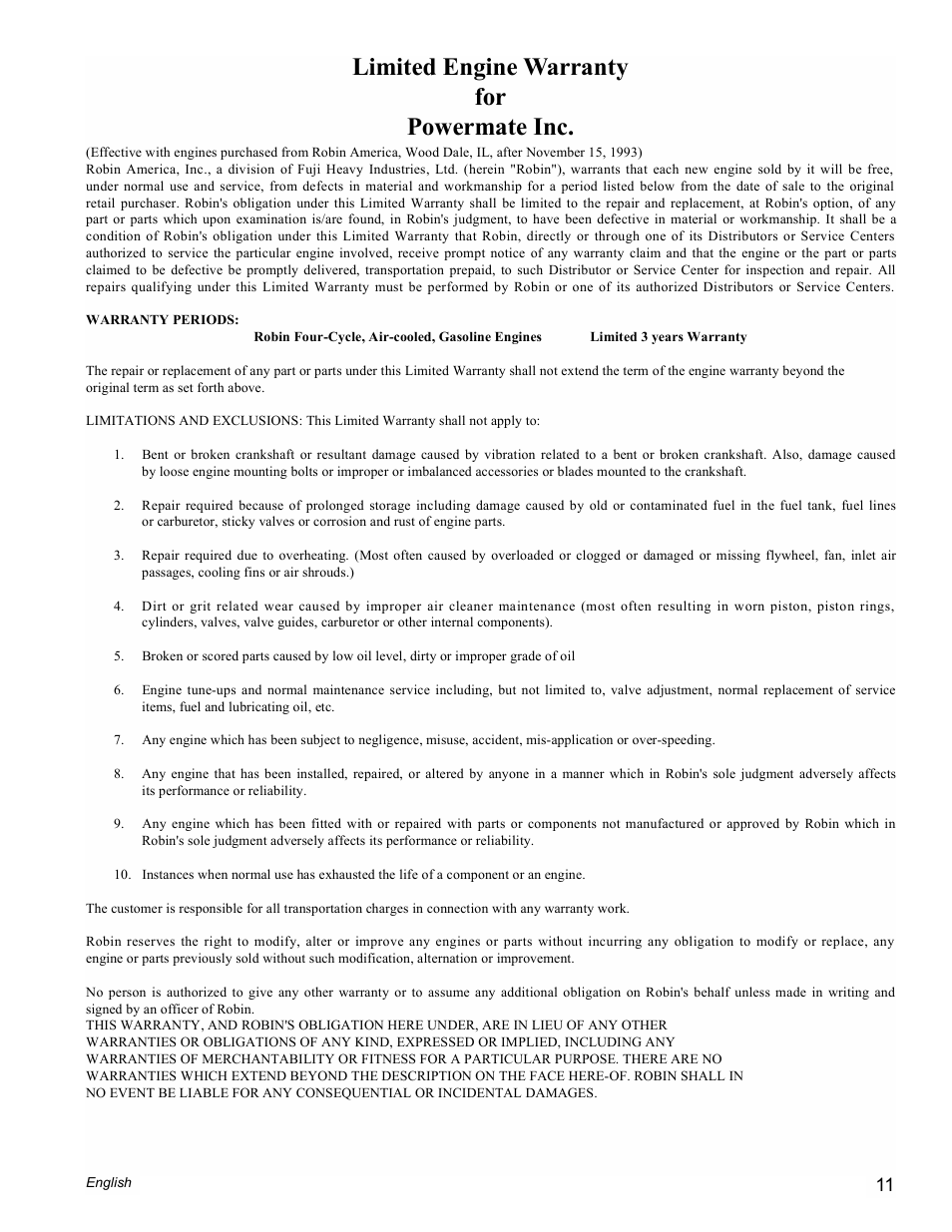 Limited engine warranty for powermate inc | Powermate PMC435003 User Manual | Page 11 / 12