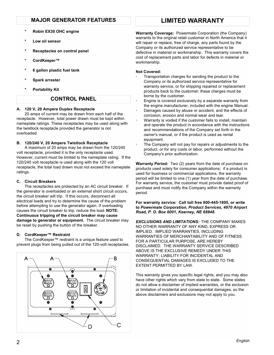 Limited warranty, Control panel major generator features | Powermate PMC435003 User Manual | Page 2 / 12