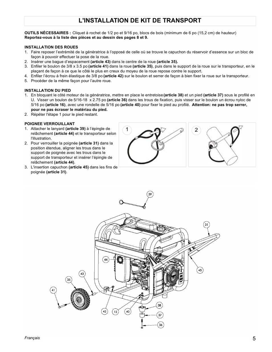 L'installation de kit de transport | Powermate PMC435003 User Manual | Page 5 / 12