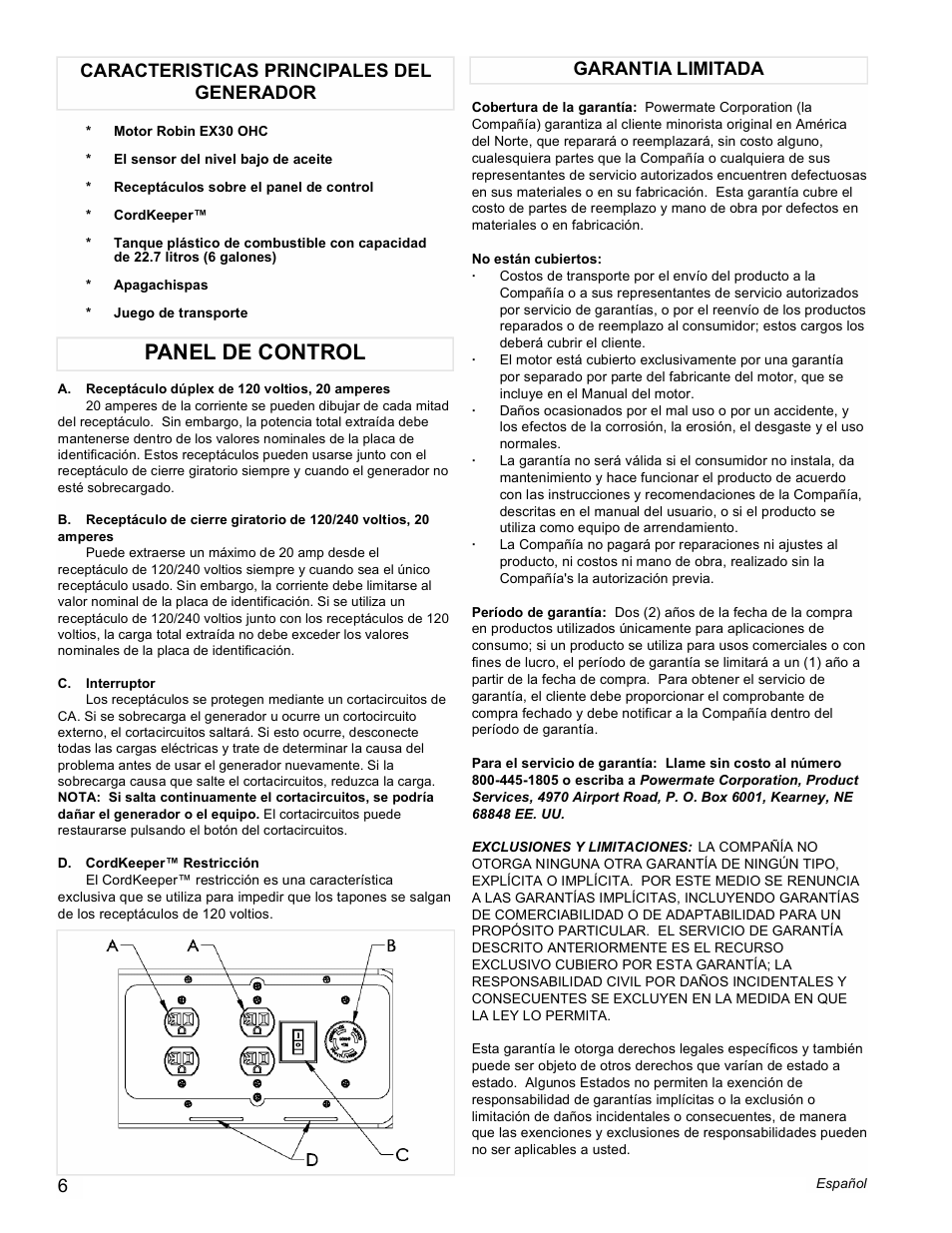 Panel de control | Powermate PMC435003 User Manual | Page 6 / 12