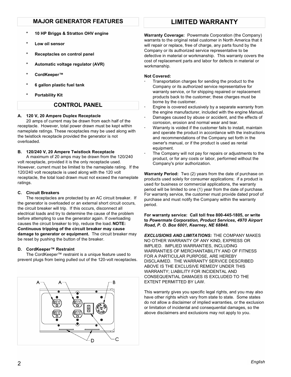 Limited warranty, Control panel major generator features | Powermate PC0545009 User Manual | Page 2 / 12