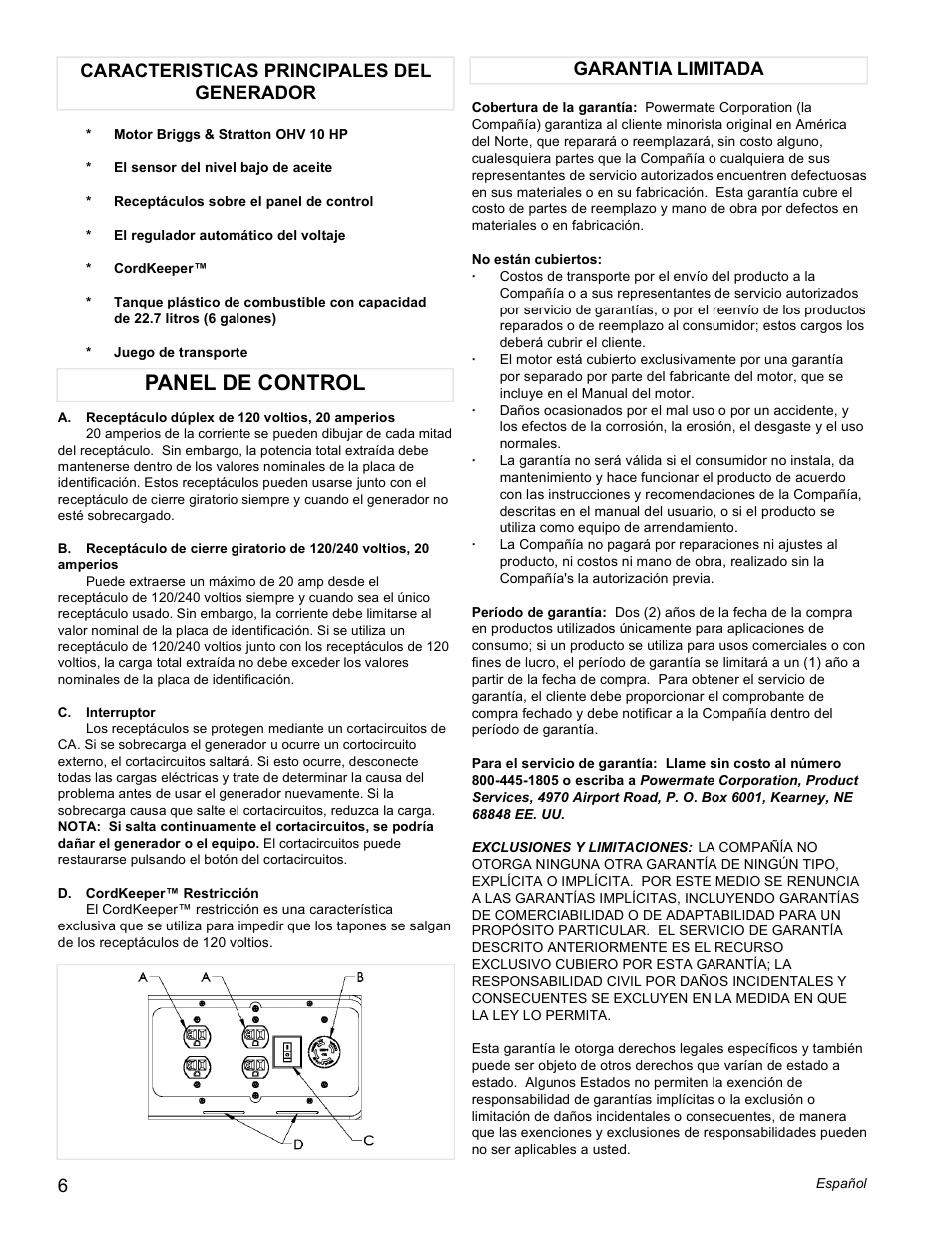 Panel de control | Powermate PC0545009 User Manual | Page 6 / 12