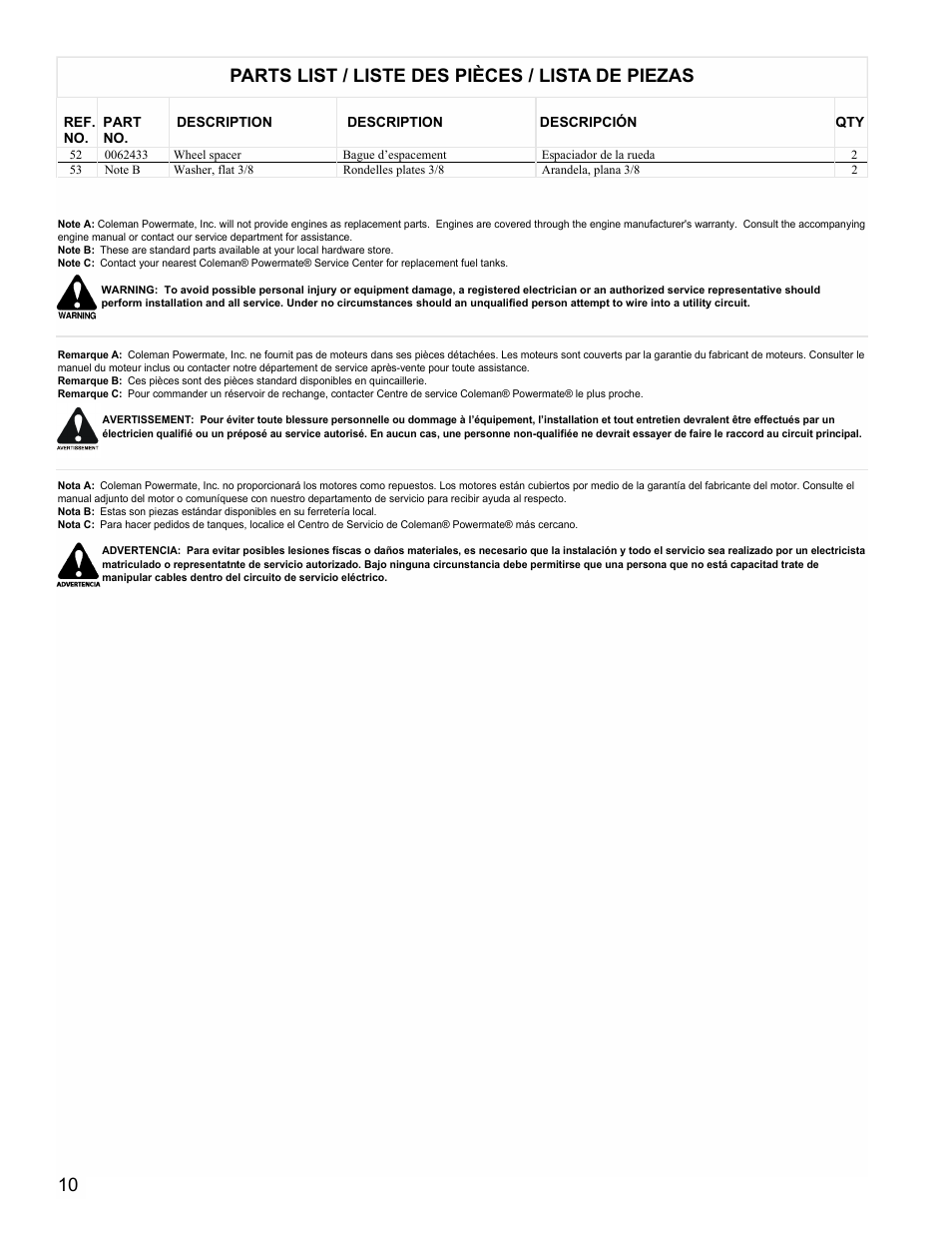 Parts list / liste des pièces / lista de piezas | Powermate PC0495503 User Manual | Page 10 / 12