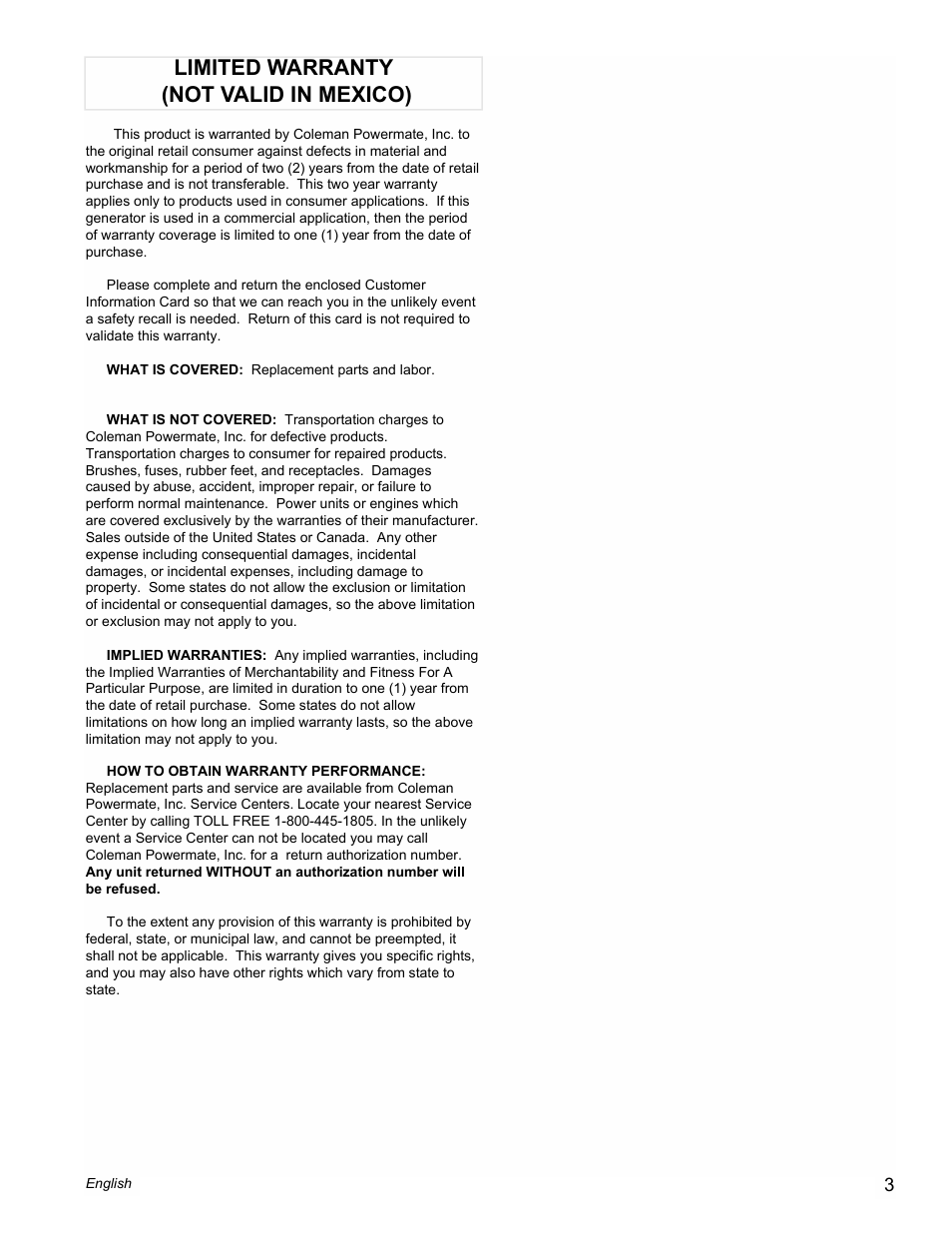 Limited warranty (not valid in mexico) | Powermate PC0495503 User Manual | Page 3 / 12