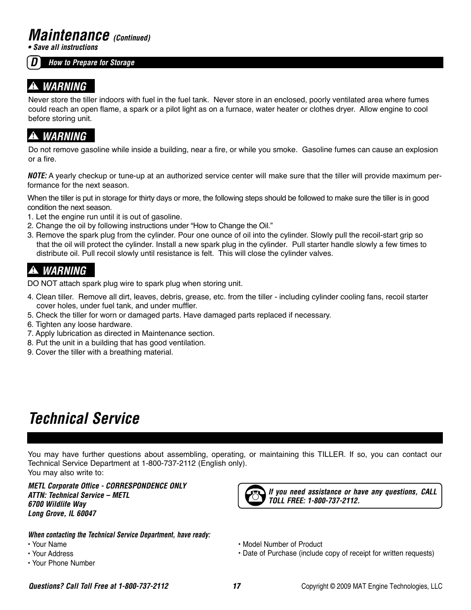 Maintenance, Technical service, Warning | Powermate P-FTT-160MD User Manual | Page 18 / 48