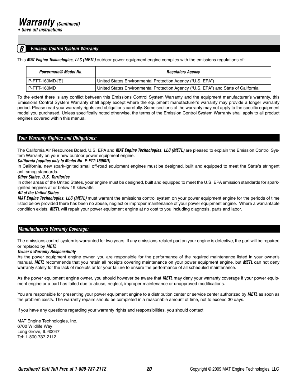 Warranty | Powermate P-FTT-160MD User Manual | Page 21 / 48