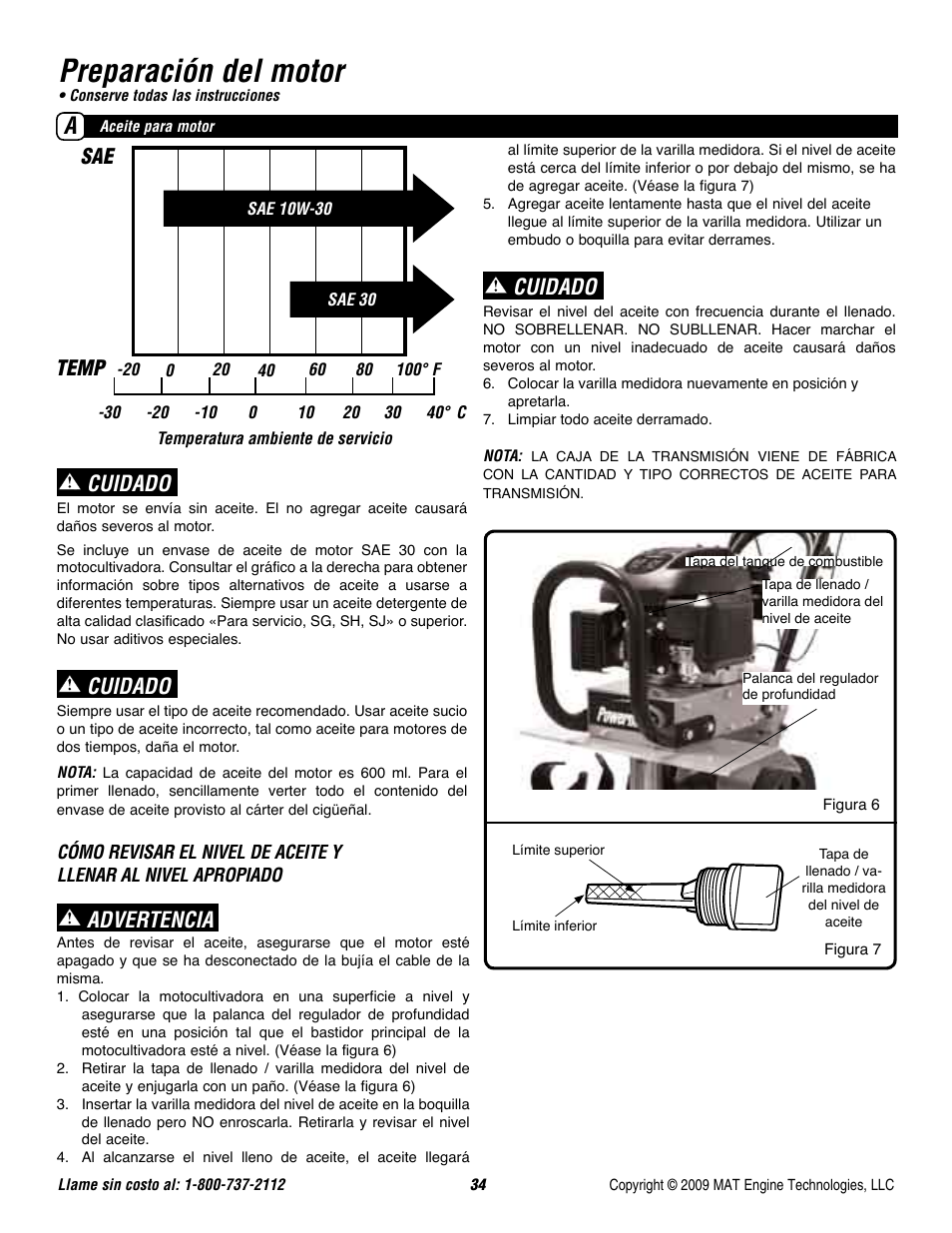 Preparación del motor, Advertencia, Cuidado | Sae temp | Powermate P-FTT-160MD User Manual | Page 35 / 48