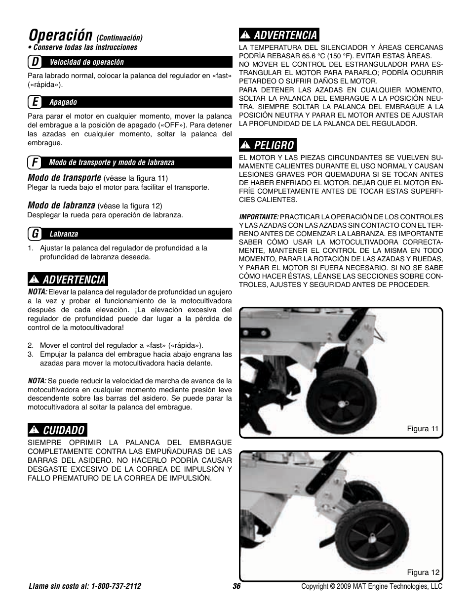 Operación, Advertencia, Cuidado | Peligro | Powermate P-FTT-160MD User Manual | Page 37 / 48