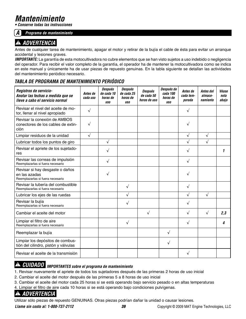 Mantenimiento, Advertencia, Cuidado | Powermate P-FTT-160MD User Manual | Page 40 / 48