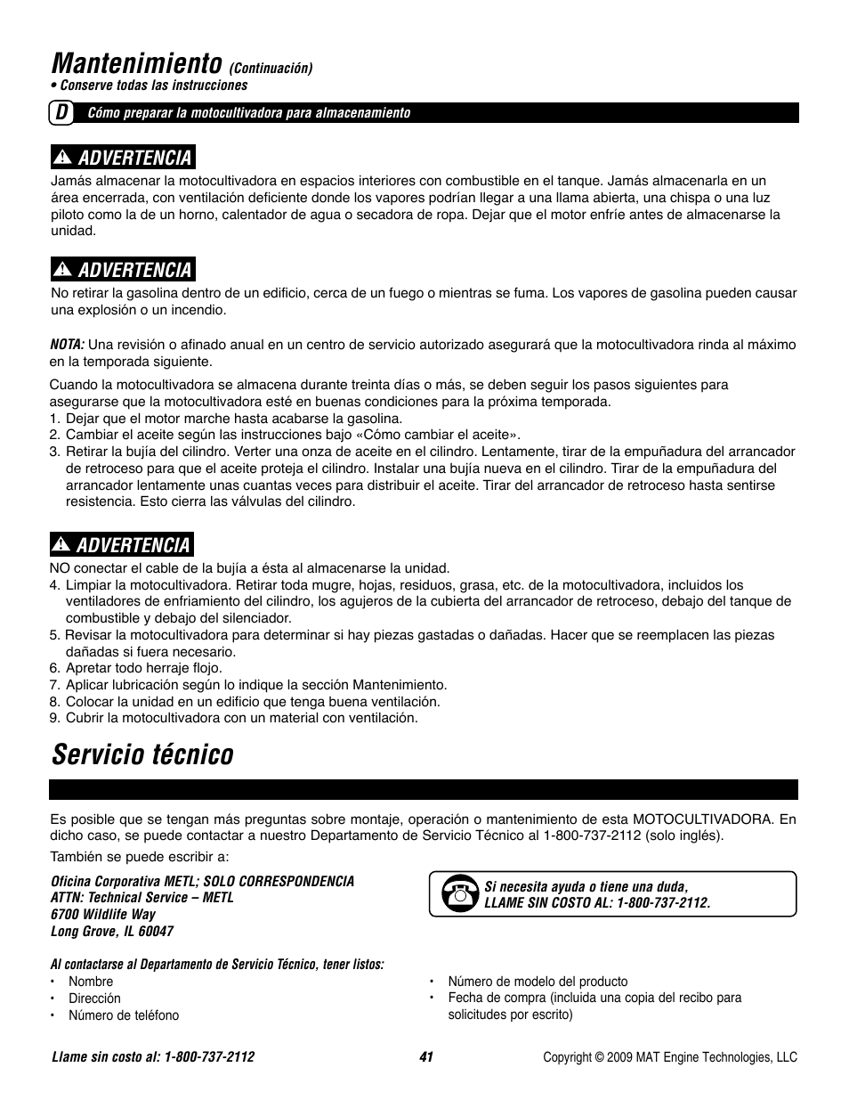 Mantenimiento, Servicio técnico, Advertencia | Powermate P-FTT-160MD User Manual | Page 42 / 48