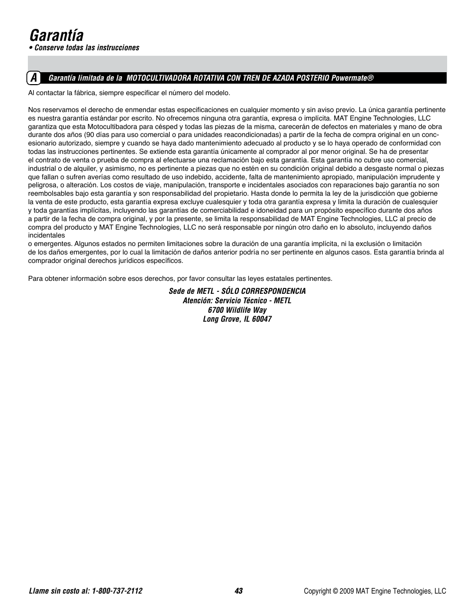 Garantía | Powermate P-FTT-160MD User Manual | Page 44 / 48